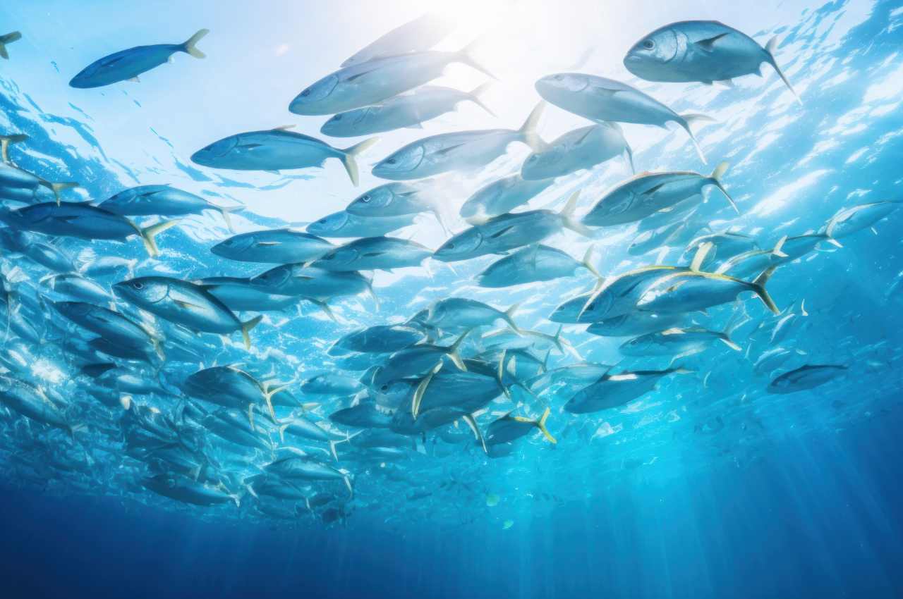 Photograph of a school of sardines seen from below swimming in a semicircle